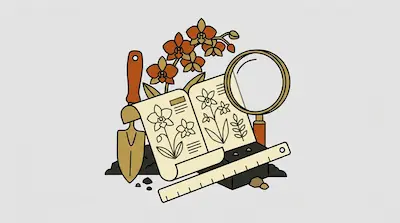 Botanical tools and plants, including orange orchids, a trowel, a magnifying glass, a ruler, and an open book with flower sketches.