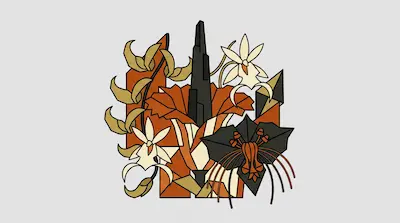 A stylized floral arrangement featuring a tall black spire, orange fan-like petals, cream-colored orchids, and a dark flower with long, thin stamens.