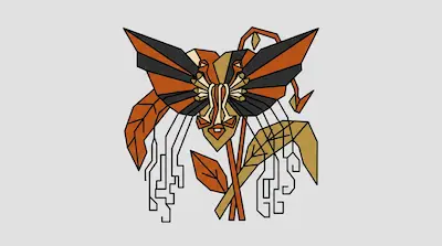 A geometric, stylized butterfly with orange and black wings and circuit-like lines dangling from its body.