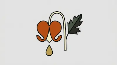 A stylized orange heart-shaped flower hangs from a curved cream stem with a dark green leaf and a golden drop underneath.