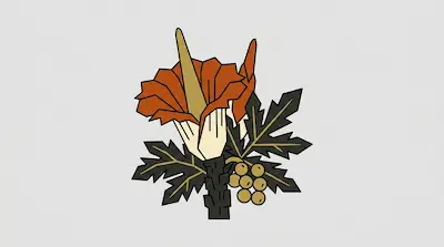 A stylized orange flower with a long yellow spadix, dark jagged leaves, and a cluster of yellow berries.