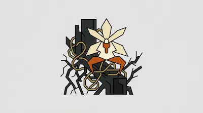 A stylized, geometric flower with cream and orange petals sits atop a dark, angular tree trunk entwined with golden vines.