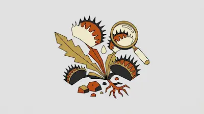 A stylized Venus flytrap with orange and tan traps, roots, and a magnifying glass positioned over one of the traps.