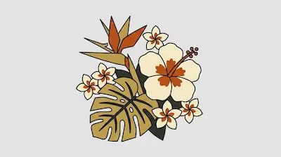 A stylized graphic of tropical flora including a bird of paradise, hibiscus, and monstera leaf in muted orange, yellow, and cream tones.