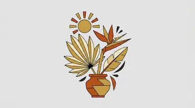 Stylized tropical leaves and a bird of paradise flower in a patterned pot under a geometric sun.