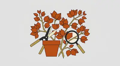 A potted plant with orange leaves, garden shears, and a magnifying glass.