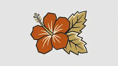 A stylized orange hibiscus flower with two tan leaves and a long stamen.
