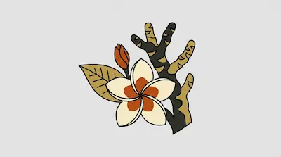 A stylized plumeria flower with white petals and orange centers, accompanied by a leaf and a patterned branch.
