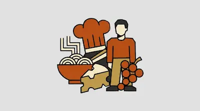 Flat illustration of a man standing next to a bowl of noodles, a chef hat, cheese, and grapes on a gray background