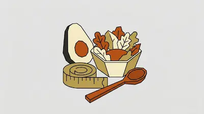 Flat illustration of a salad bowl, a halved avocado, a measuring tape, and a wooden spoon on a light gray background