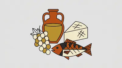 Flat illustration of a clay amphora, a bunch of grapes, a wedge of cheese, and a fish on a light grey background