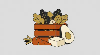 Flat illustration of a wooden crate filled with leafy greens, a carrot, a block of tofu, and a sliced avocado.
