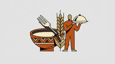 Flat illustration of a person holding a cloche next to a bowl of soup, a fork, and a stalk of wheat on a gray background