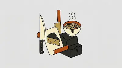 Flat illustration of a chef knife, a bowl of steaming noodles, and a smiling cheese wedge on a scroll.