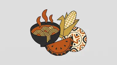 Flat illustration of a steaming bowl of noodles, a corn cob, and a slice of watermelon in an earthy color palette.