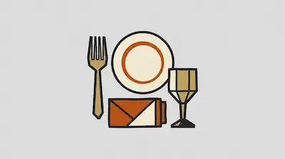 Flat illustration of a table setting with a gold fork, a white plate, a goblet, and a folded orange napkin