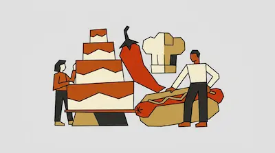 Flat illustration of two people with a tiered cake, a giant hot dog, a chili pepper, and a chef hat on a gray background