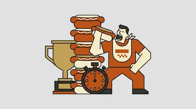 Flat illustration of a man in a bib eating a hot dog next to a tall stack of buns, a trophy, and a stopwatch.