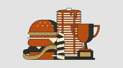 Flat illustration of a large burger, a tall stack of pancakes, a trophy, and a measuring tape on a gray background