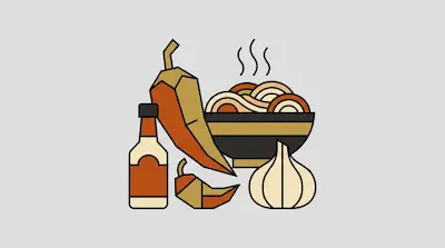 Flat illustration of a steaming bowl of noodles, a bottle of hot sauce, garlic, and chili peppers on a gray background
