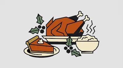Flat illustration of a roasted turkey, a slice of pumpkin pie, and a bowl of mashed potatoes on a gray background