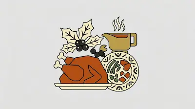 Flat illustration of a roasted turkey, a steaming gravy boat, and a plate of vegetables with holly leaves and berries