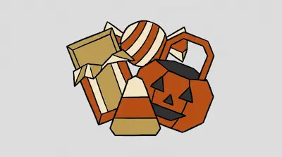 Flat illustration of Halloween treats including a jack o lantern bucket, candy corn, and a chocolate bar