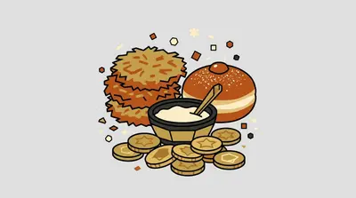 A stack of crispy potato pancakes, a sugar-dusted jelly doughnut, a bowl of cream, and a pile of star-stamped gold coins.