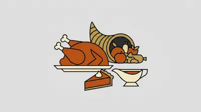 Flat illustration of a roasted turkey, a cornucopia filled with fruit, a slice of pie, and a gravy boat on a gray background