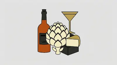 A wine bottle, a large artichoke, a martini glass, and a wedge of cheese.