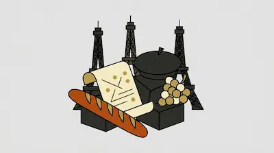 Three Eiffel Towers stand behind a baguette, a scroll, a bunch of grapes, and a beret.