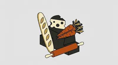 A baguette, a wedge of Swiss cheese, two carrots, and a rolling pin are grouped together.