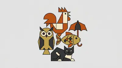 A rooster, owl, fish, cat, and umbrella are arranged in a stylized, geometric composition.