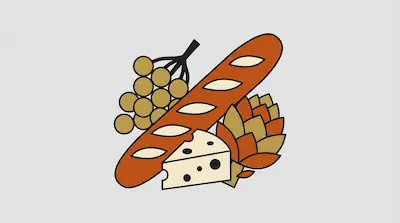 A baguette, a bunch of grapes, a wedge of cheese, and an artichoke.