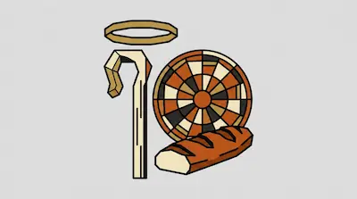 A halo, a shepherd's crook, a dartboard, and a loaf of bread in a stylized, geometric graphic.