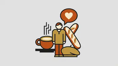 A person stands between a large cup of steaming coffee and several loaves of bread, with a heart in a speech bubble above.
