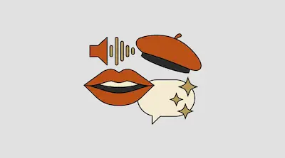 A speaker icon with sound waves, a beret, a pair of lips, and a speech bubble with stars.