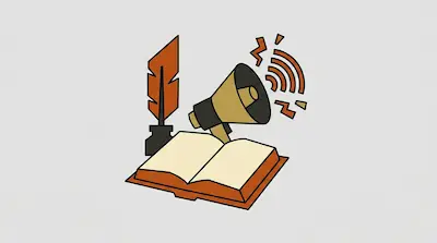 An open book with a quill pen in an inkwell and a megaphone emitting sound waves.