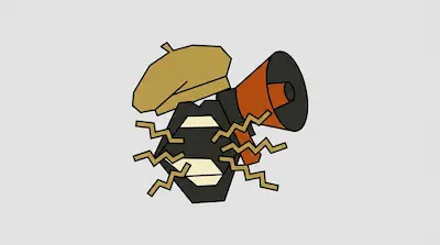 A tan beret, an orange megaphone, and a stylized black mouth with gold zigzag lines.
