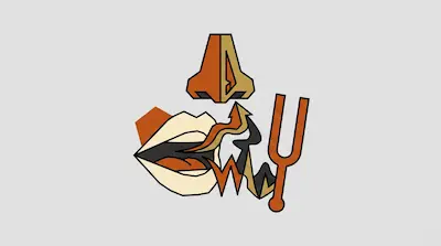 A stylized graphic featuring a nose, an open mouth, a tuning fork, and abstract wavy lines in shades of orange, tan, and black.
