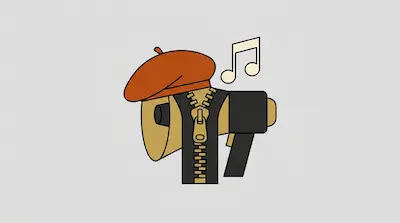 A megaphone wearing an orange beret with a vertical zipper down its center and a musical note floating above it.