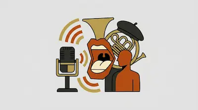 A microphone, a large open mouth with a horn bell, a French horn wearing a beret, and a human silhouette with radiating sound waves.