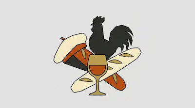 A black rooster silhouette stands behind a beret, a baguette, and a glass of wine.