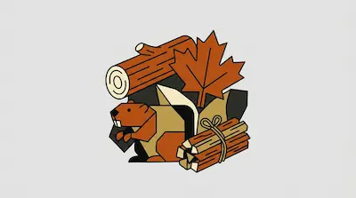A stylized beaver surrounded by a log, a maple leaf, and a bundle of sticks.