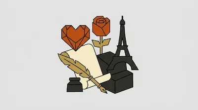 A collection of geometric icons including a heart, a rose, the Eiffel Tower, a quill pen, an inkwell, and a scroll.