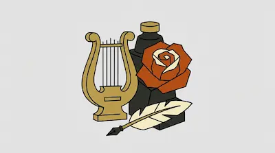 A stylized gold lyre, a dark ink bottle, a red rose, and a quill pen.