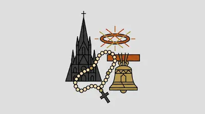 A dark gothic church, a rosary, a golden bell, and a halo with radiating lines are grouped together on a light grey background.