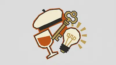 A beret, a skeleton key, a wine glass, and a light bulb are grouped together in a stylized graphic.