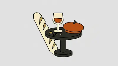 A baguette leans against a small round table holding a glass of wine and a beret.
