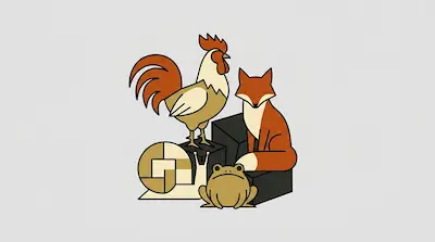 A rooster, fox, snail, and frog are grouped together on dark blocks in a minimalist graphic style.